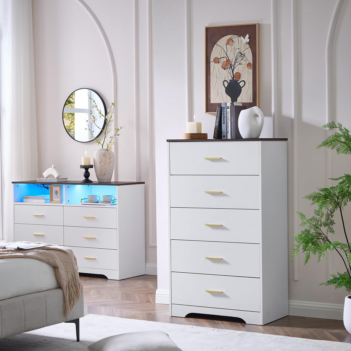 LIDYUK Dresser for Bedroom, Wood Dresser with 5 Drawers, Modern Minimalist Dressers & Chests of Drawers, 47 Inches Tall Chest of Drawers for Bedroom, Hallway, Living Room, White LIDYUK