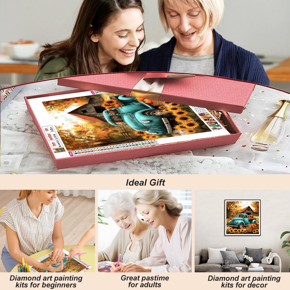 SJUTOUCI Fall Truck Diamond Painting Kits for Adults, Diamond Art Kits for Beginners, DIY 5D Full Drill Diamond Dots Gem Craft Art Home Wall Decor 12x12 inch, Farm SJUTOUCI