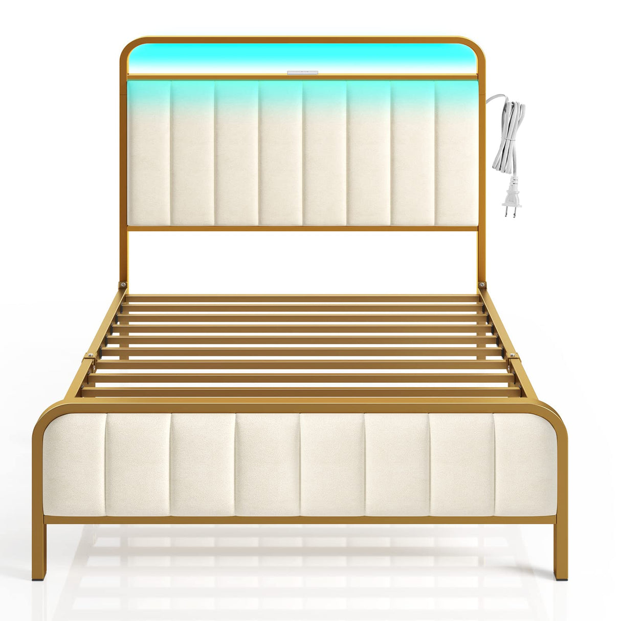 Rolanstar Twin Size Bed Frame with LED Light and Charging Station, Upholstered Headboard and Footboard, Metal Slat, Noise Free, Easy Assembly, Golden Rolanstar