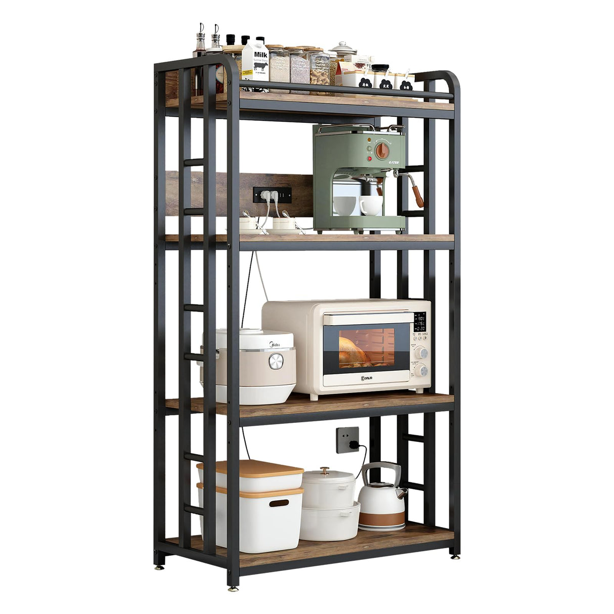 METYERRY Adjustable 4-Tier Heavy Duty Kitchen Baker's Rack with Power Outlet, with Industrial Wheels, Free Standing Microwave Oven Cart Stand for Storage in Living Room, Garage, Rustic Brown METYERRY