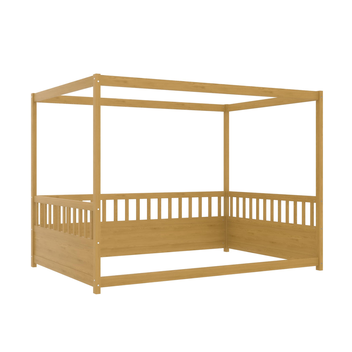 Full Size Canopy Bed Frame with 4 Posters and Guardrails, Full Size Montessori Floor Bed with High Fence, Natural Bellemave