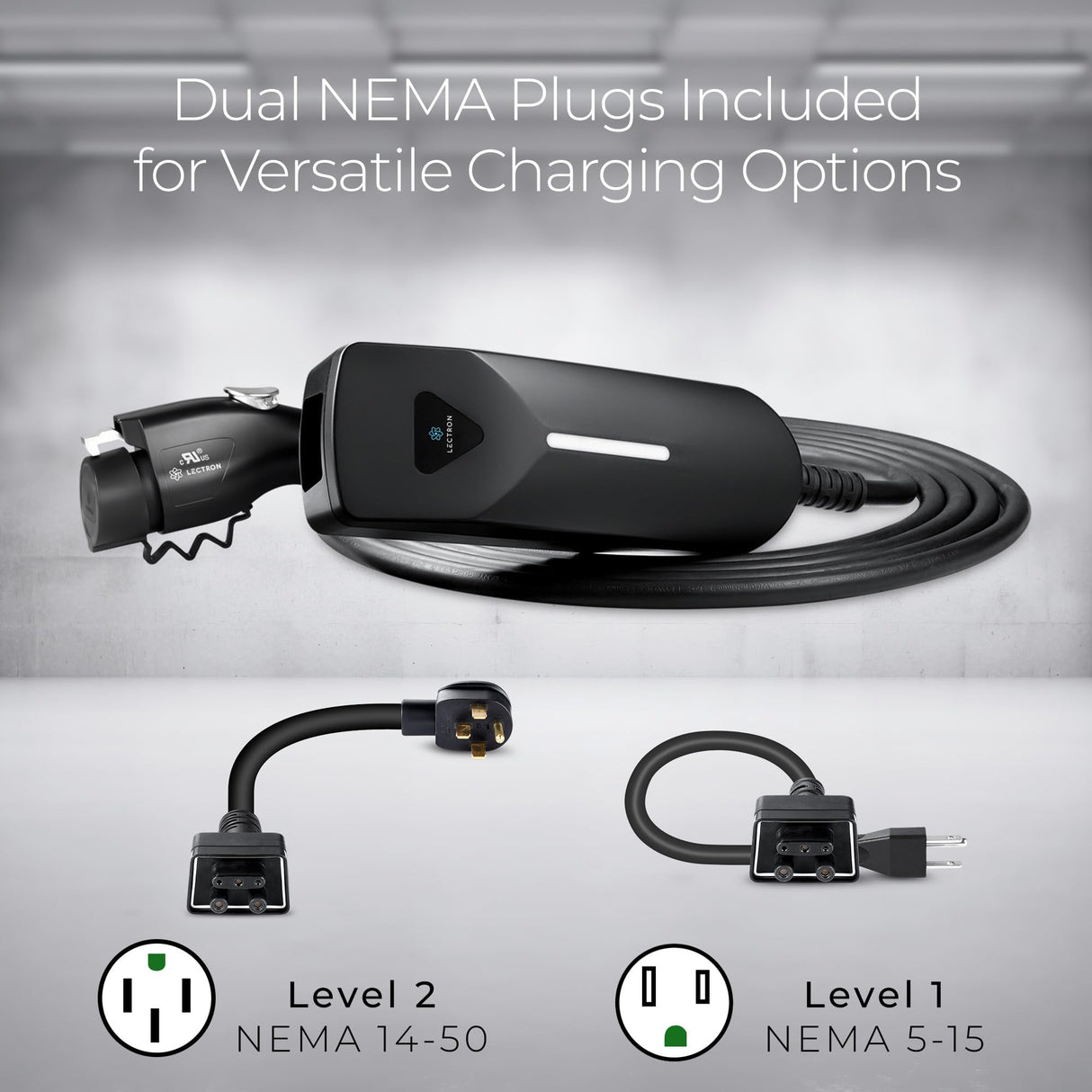 Lectron Level 1 / Level 2 EV Charger (12 Amp / 40 Amp) with Dual Charging Plugs (NEMA 5-15 & 14-50) - Portable Electric Car Charger Compatible with All J1772 EVs (Black) Lectron