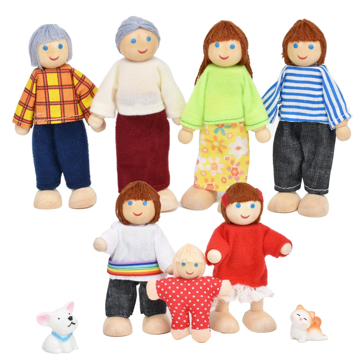 Jzszera Wooden Doll House People of 7 Miniature Figures and 2 Pets, Dollhouse Dolls Family Set Accessories for Girls Toddler Kids Pretend Play and Imaginative Fun Jzszera