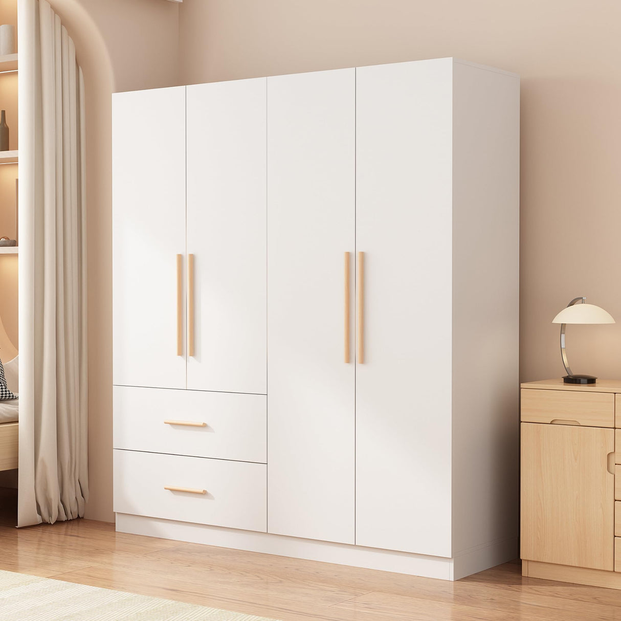 AGOTENI Armoire Wardrobe Closet with 4 Doors & 2 Hanging Rods, Wooden Clothing Storage Cabinet with Drawers & Shelves for Bedroom, White, 19.7" D x 63" W x 70.9" H AGOTENI