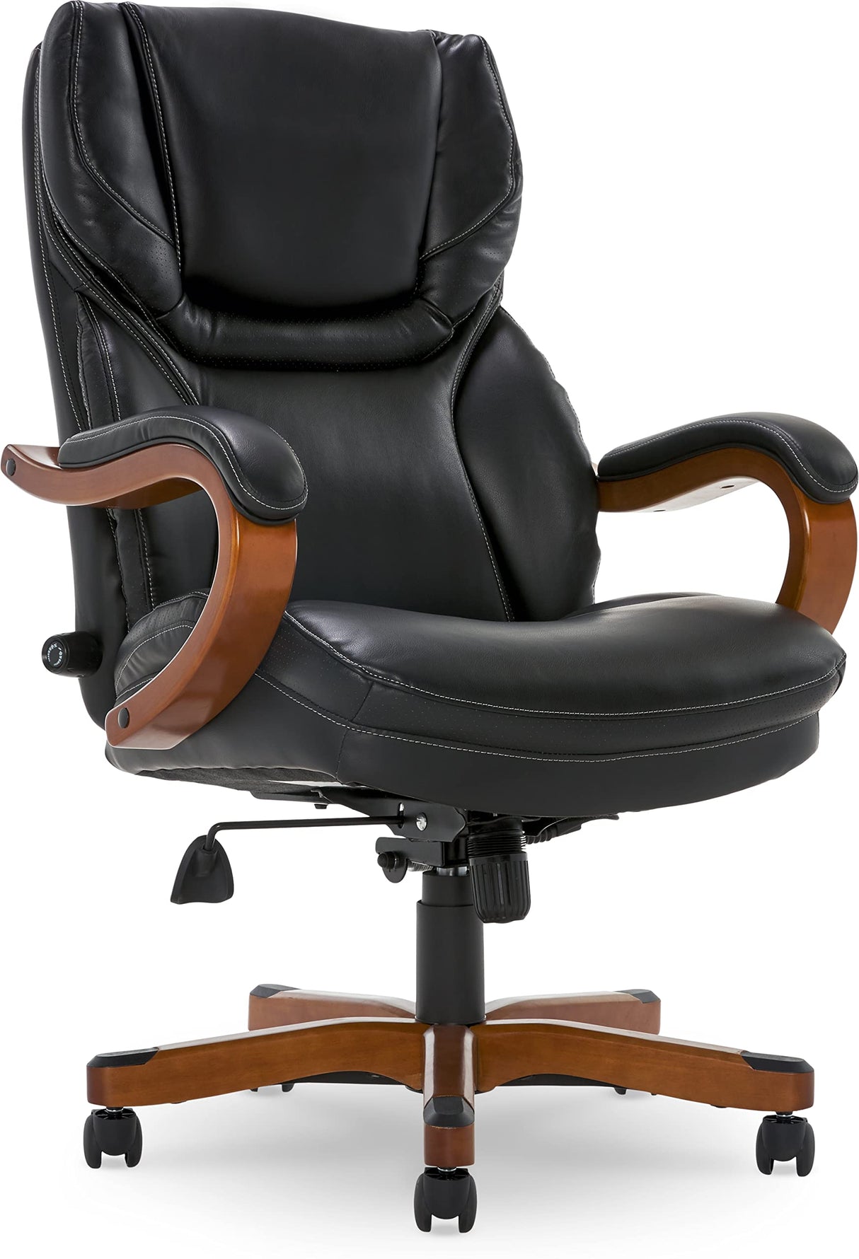 Serta Conway Big and Tall Executive Office Wood Accents, Adjustable High Back Ergonomic Computer Chair with Lumbar Support, Bonded Leather, 30.5D x 27.25W x 47H in, Black Serta