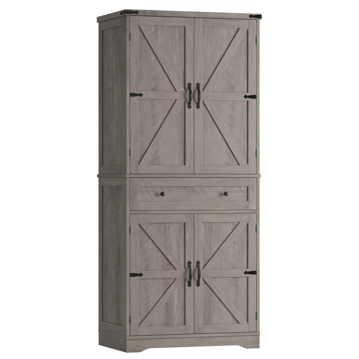HOSTACK 71" Tall Pantry Cabinet, Farmhouse Kitchen Pantry with Storage Shelves, Barn Doors Food Storage Cabinet, Freestanding Kitchen Hutch with Large Drawer for Dining Room, Living Room, Ash Gray HOSTACK