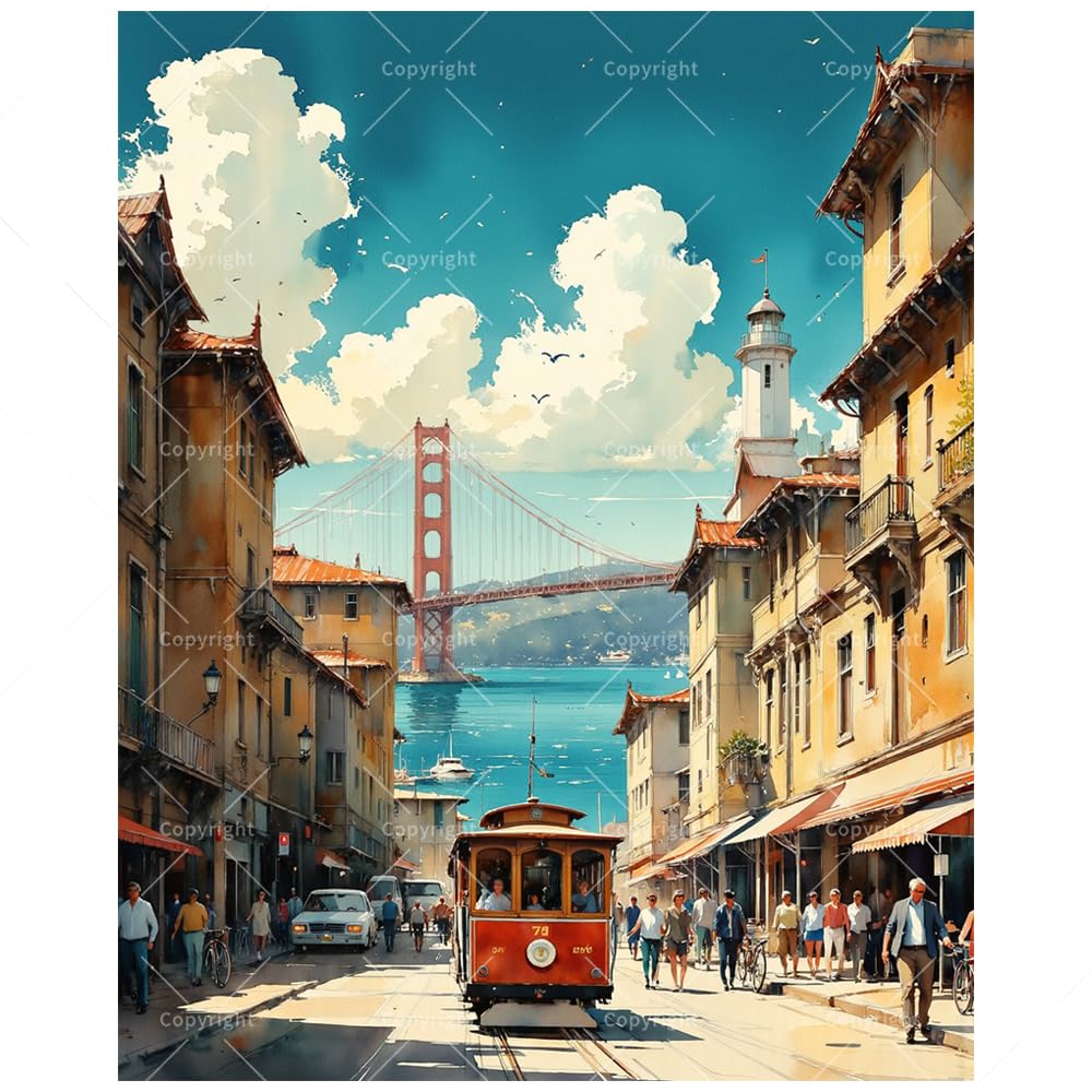 Golden Gate Bridge Paint by Numbers Kit for Adults - DIY Cable Car and Bay View Cityscape Painting on Canvas 16x20 Inches, Acrylic Paint Set for Beginners, Art for Home Decoration or Gifts TAOPAOLAB