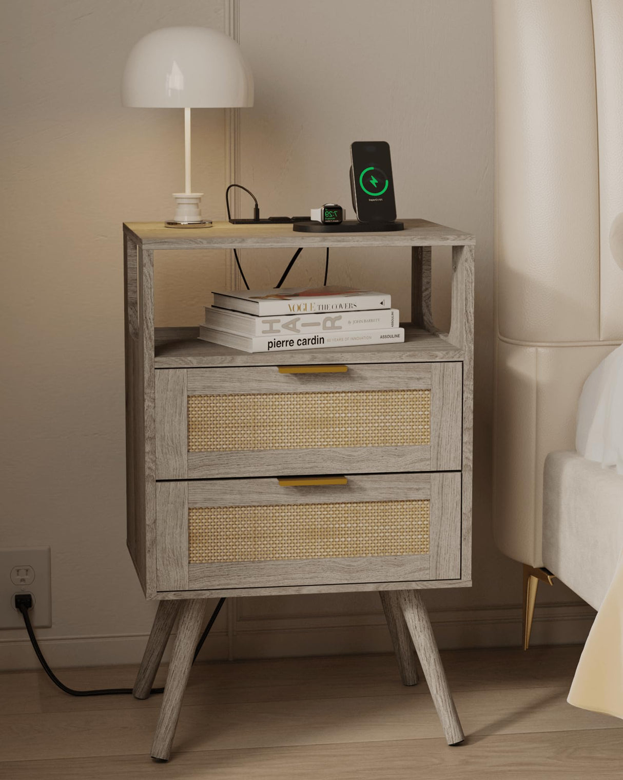 JOONEE Rattan Nightstand with Charging Station,Farmhouse Bedside Table with 2 Storage Drawer and Open Wood Shelf, for Bedroom and Small Spaces,Night Stand with Solid Wood Legs (Grey Oak-Outlet) JOONEE