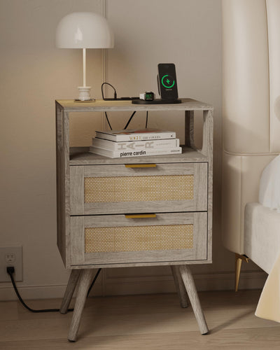 JOONEE Rattan Nightstand with Charging Station,Farmhouse Bedside Table with 2 Storage Drawer and Open Wood Shelf, for Bedroom and Small Spaces,Night Stand with Solid Wood Legs (Grey Oak-Outlet)