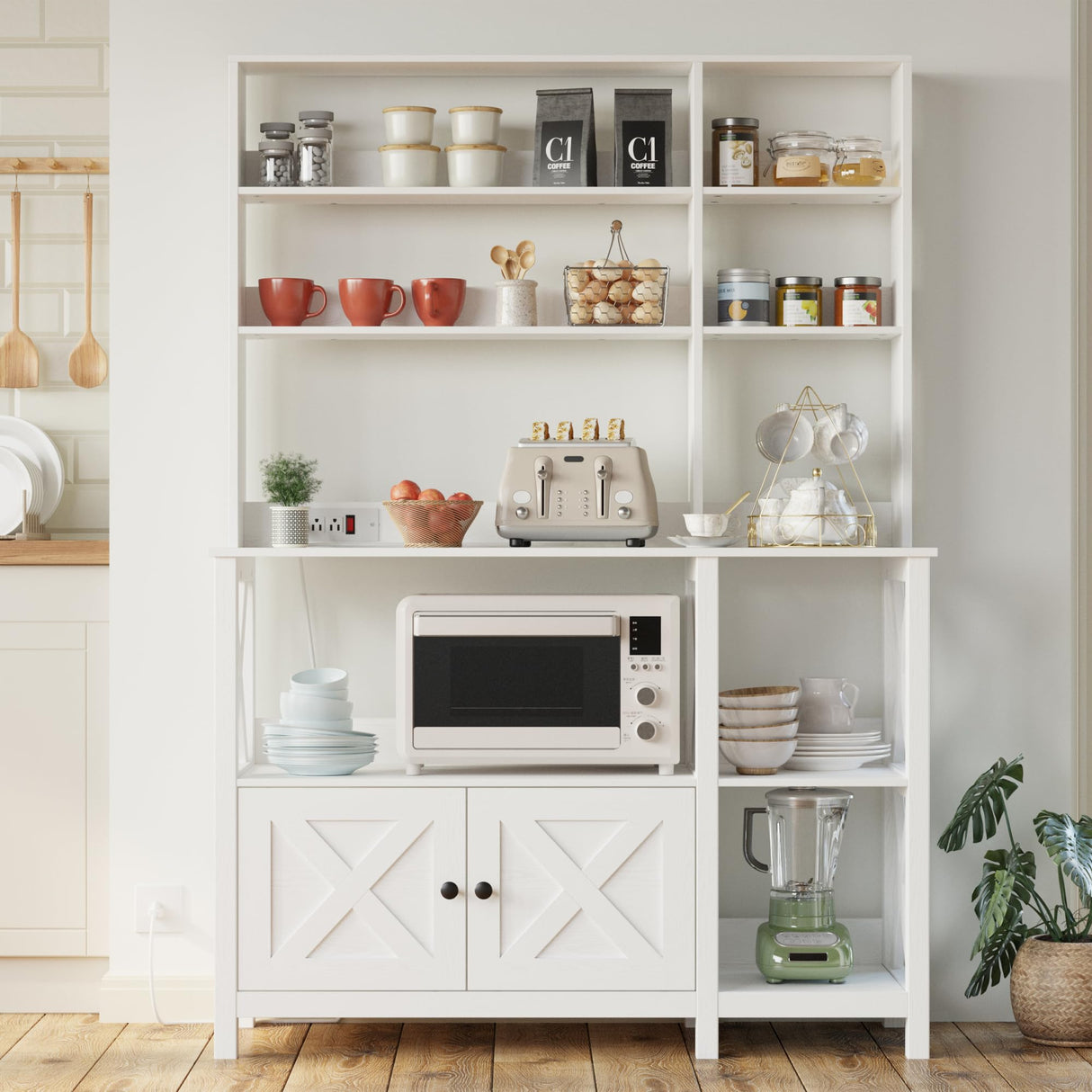 IRONCK Bakers Rack with Power Outlet, 45in Wide Coffee Bar Cabinet with Storage, 6-Tier Kitchen Storage with Doors, Microwave Stand for Kitchen, Dining Room IRONCK