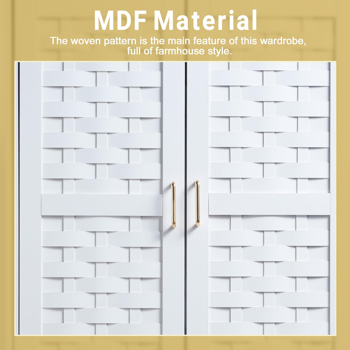 LEVNARY Armoire Wardrobe Closet with 2 Woven Doors, Wardrobe Cabinet with 2 Storage Drawers and Hanging Rail, Freestanding Wooden Closet for Bedroom (White) LEVNARY