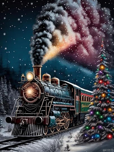 QACEYID DIY Christmas Colorful Train Diamond Painting, 12 x 16 Inch Paint by Numbers for Beginners, Full Round Crystal Diamond Art Kits for Room Decor Vintage Painting