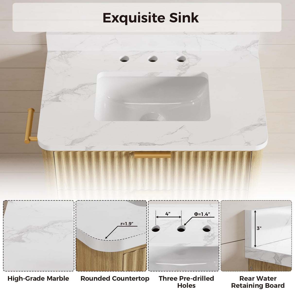 IRONCK 30" Bathroom Vanity with Ceramic Sink, Freestanding Bathroom Sink Cabinet with 2 Drawers & 1 Flip-Down Drawer, Wood Grain Texture, Farmhouse IRONCK