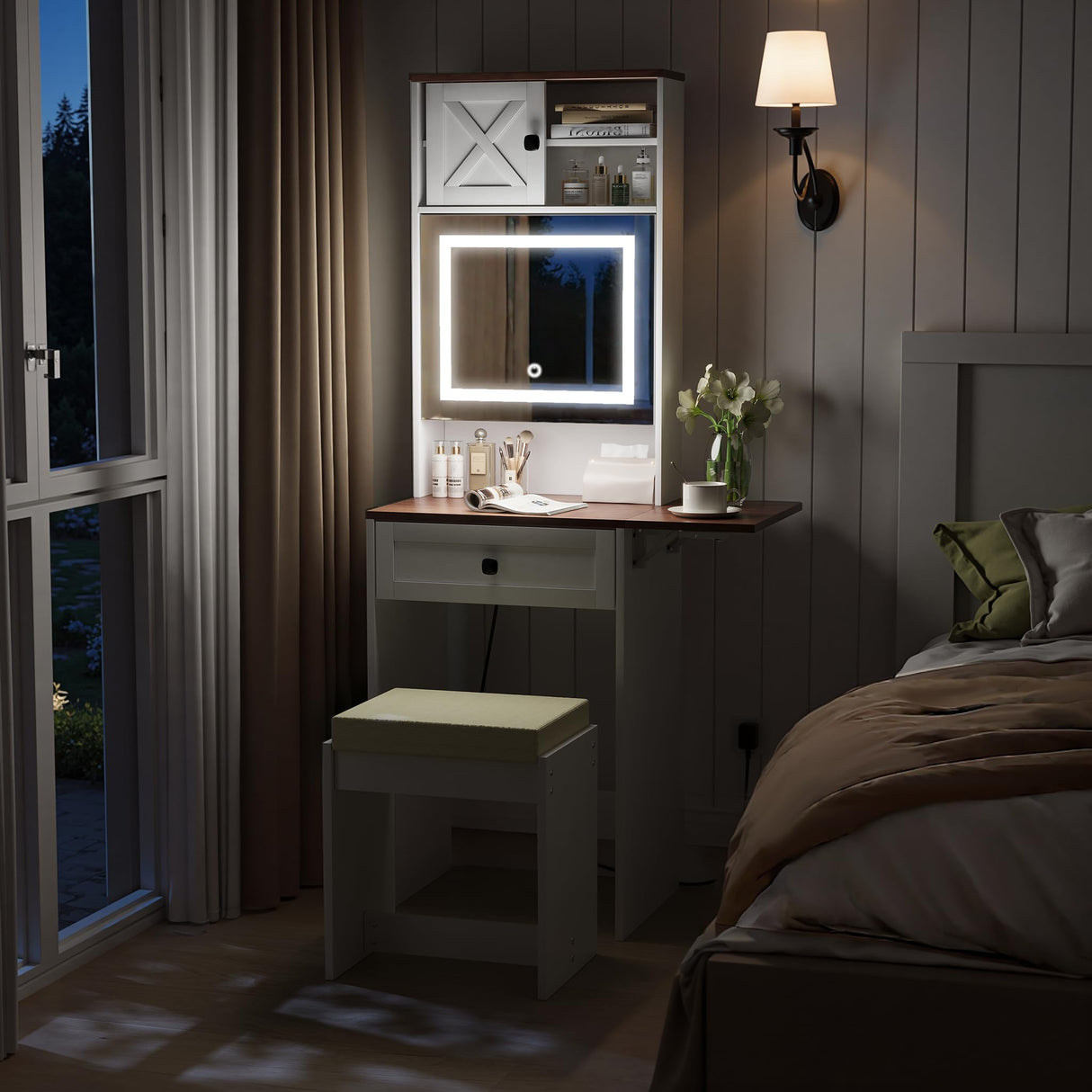 Vanity, Small Vanity Desk with Mirror and Lights, Farmhouse Makeup Vanity Table with 3 Adjustable Lighted Mirror and Chair for Compact Space, Corner Mini White Make up Table with Fold-up Panel Smart FENDEE