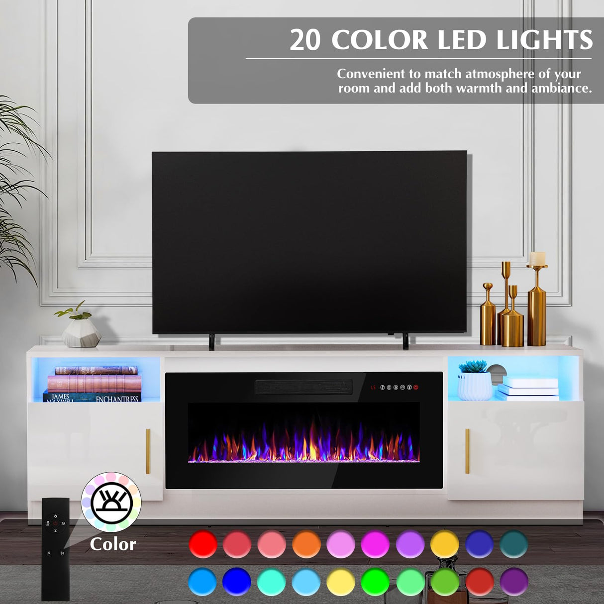 Lemberi Fireplace tv Stand with 36 inch Fireplace Up to 80" TVs,LED Light Entertainment Center and Storage, 70" Modern Wood Media TV Console with Highlight Cabinet for Living Room (White) LEMBERI