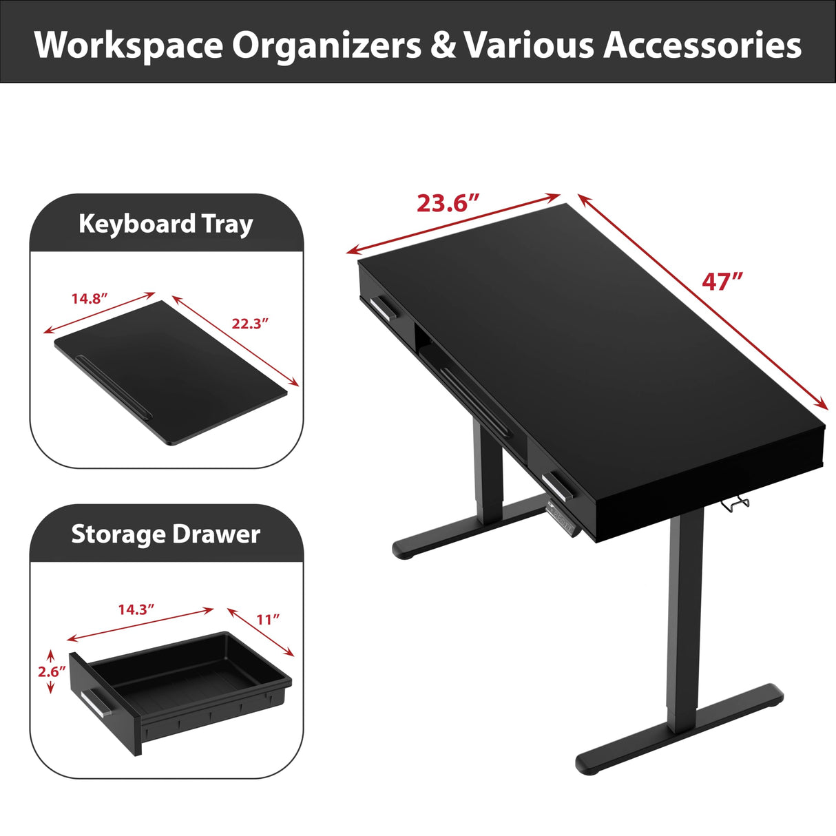 SHW 48-Inch Electric Height Adjustable Desk with Keyboard Tray and Two Drawers, Black SHW