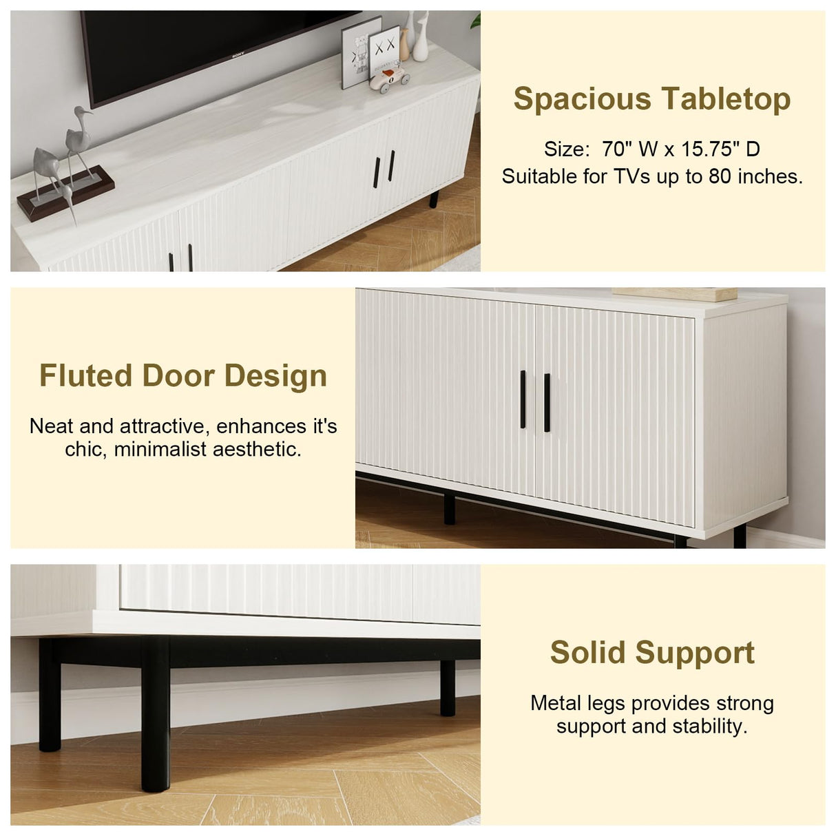 MUUEGM 70" Fluted tv Stand with Storage for Living Room, Entertainment Center Modern TV Stand for TV Up to 80 Inch, Television Media Console Table with Fluted Door and Adjustable Shelf, White MUUEGM