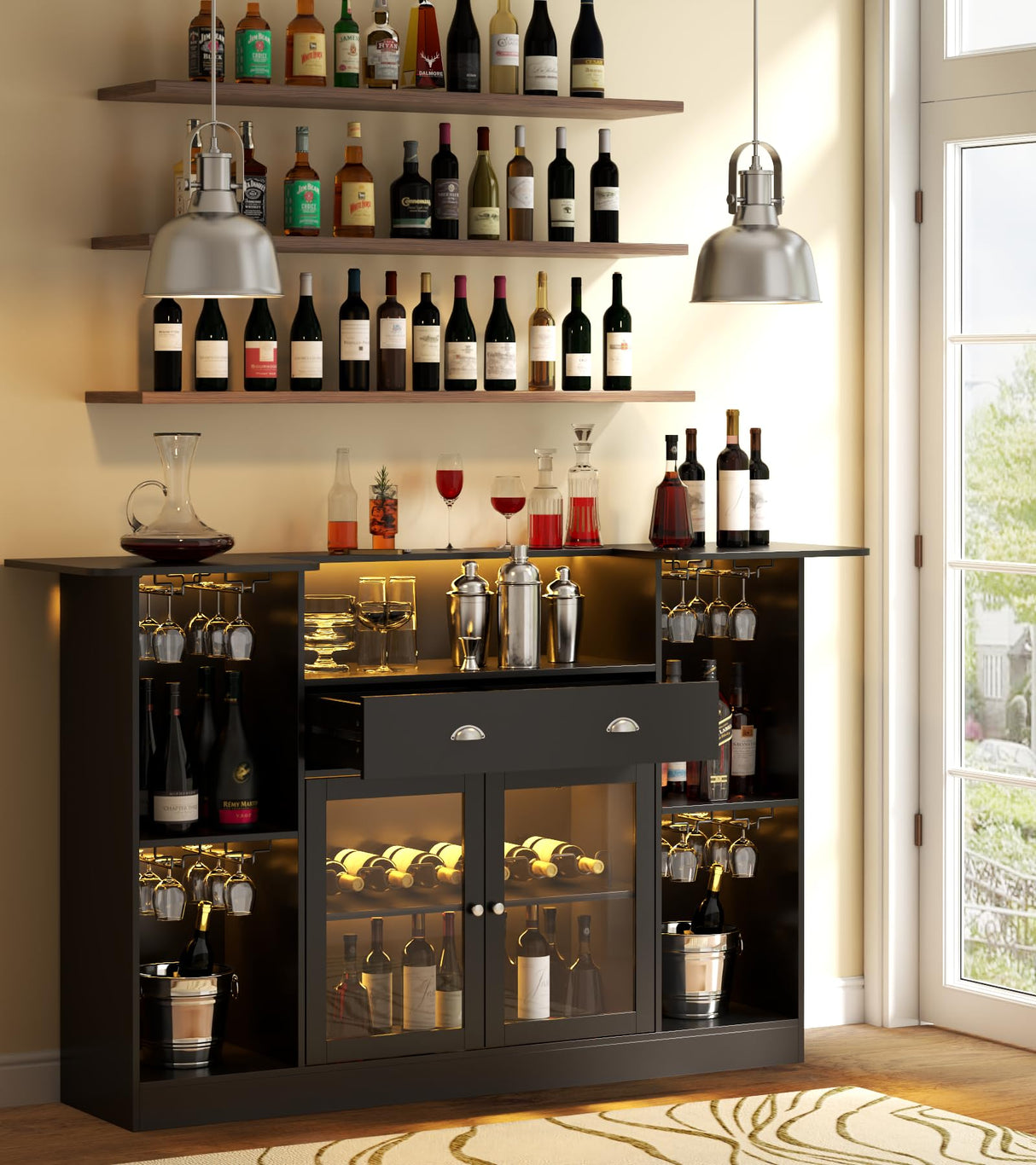 Loomie Crescent-Shaped LED Bar Cabinet with Drawer & Adjustable Wine Rack Loomie