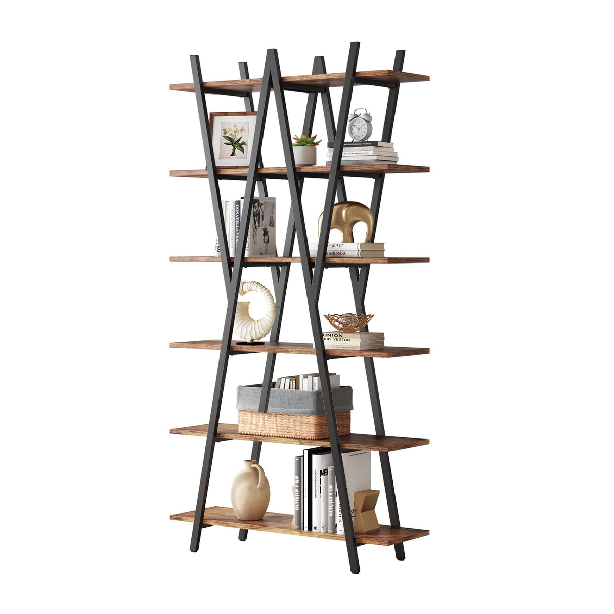 LIKEMET 74 Inch Industrial Tall Bookshelf, 6 Tier Bookshelf, Free Standing Open Book Shelves Storage Display Shelf, Book Shelf for Living Room, Home Office, Rustic Brown LIKEMET