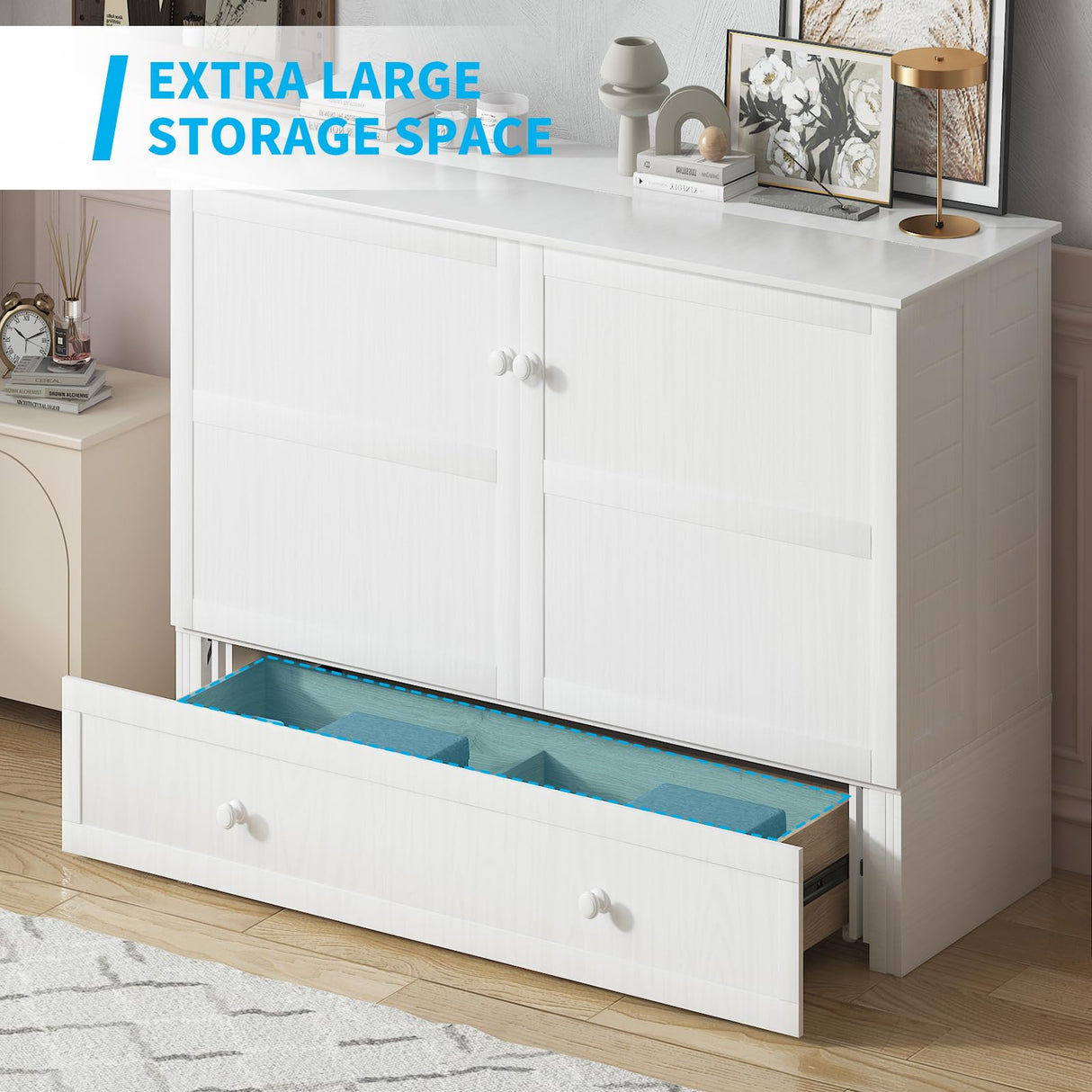 Mjkone Queen Murphy Bed, Cabinet Bed with Tri-fold Mattress/Built-in USB Charging Station/Drawers/Bedside Panel, Space Saving Hidden Adult Guest Beds, Murphy Chest Cabinet Beds for Bedroom - White Mjkone