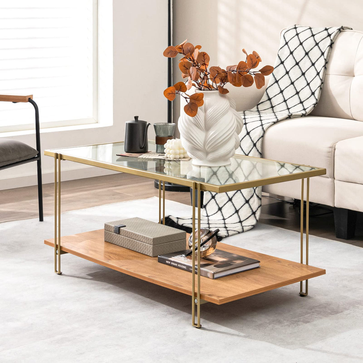 Tangkula Glass Coffee Table, 40In Mid Century 2 Tier Rectangle Coffee Table, Tempered Glass Top & Wood Storage Shelf, Steel Frame, Adjustable Feet, Modern Cocktail Accent Table for Living Room (Gold) Tangkula