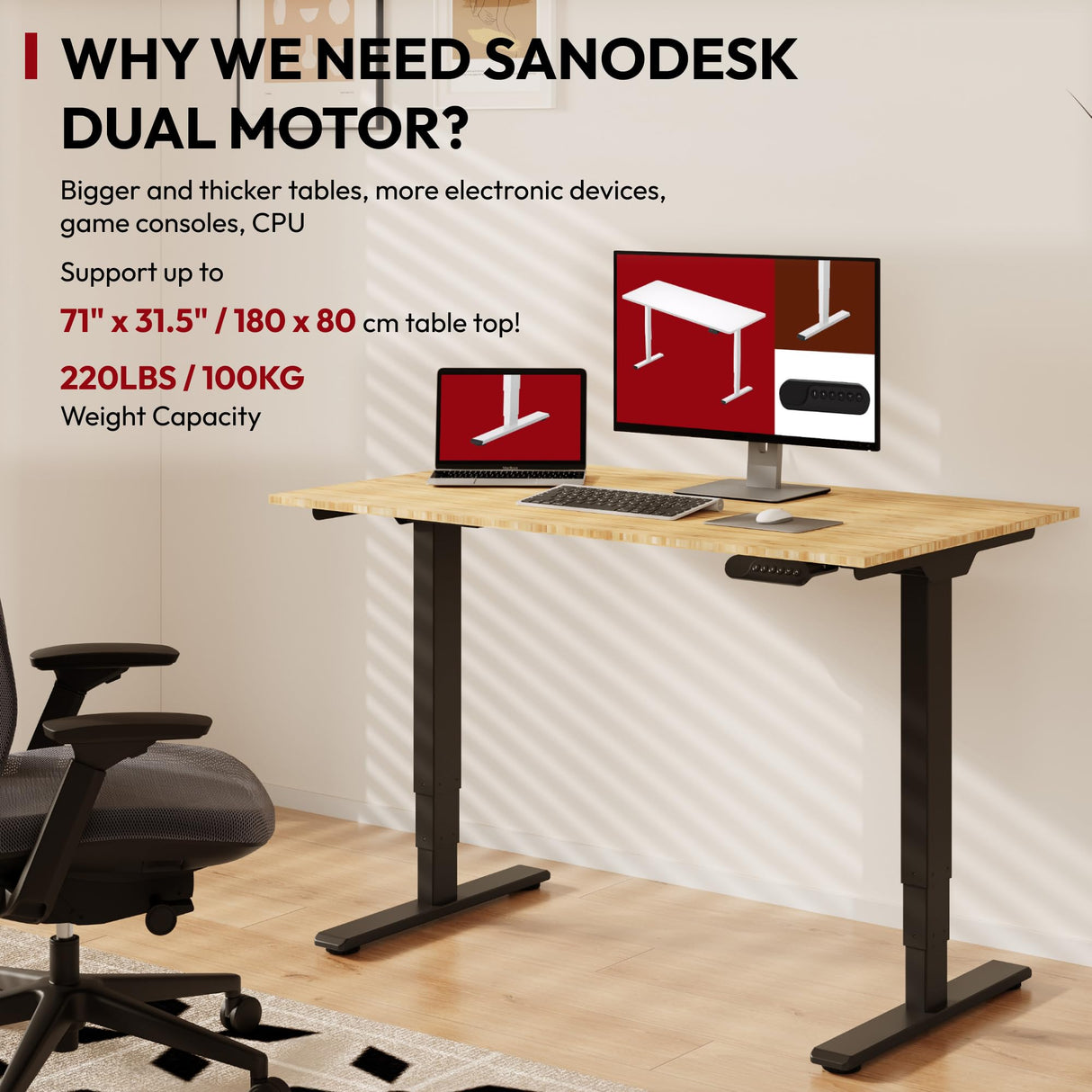 48 Inch Bamboo Electric Standing Desk, 3 Stage Dual Motor Height Adjustable Desk, Stable and Durable Sit to Stand Home Office Desk (Black Frame/ 48” x 24” Natural Bamboo Top) SANODESK
