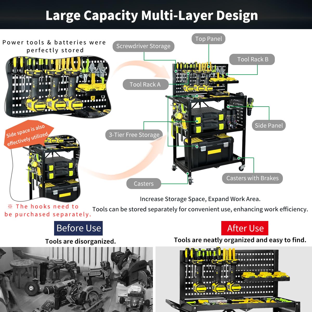 Lumizone 3-Tier Foldable Rolling Tool Cart with Wheels, Utility Cart with Pegboard for Garage Organizer and Tool Storage, Power Tool Storage Cart on Wheels (Tool Cart) lumizone