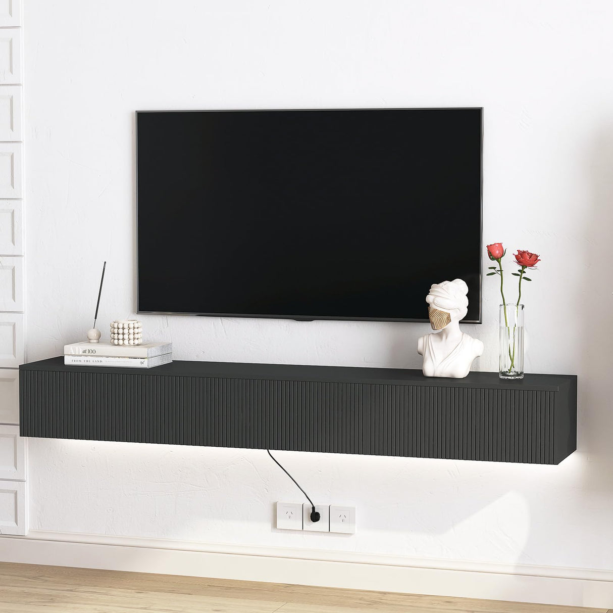 Floating TV Stand, Wall Mounted TV Shelf with LED Lights & Power Outlet, 68.8" Modern Entertainment Center Media Console with Storage with 3 Fluted Flip-Down Doors for Living Room,Bedroom(Black) GOSROMS