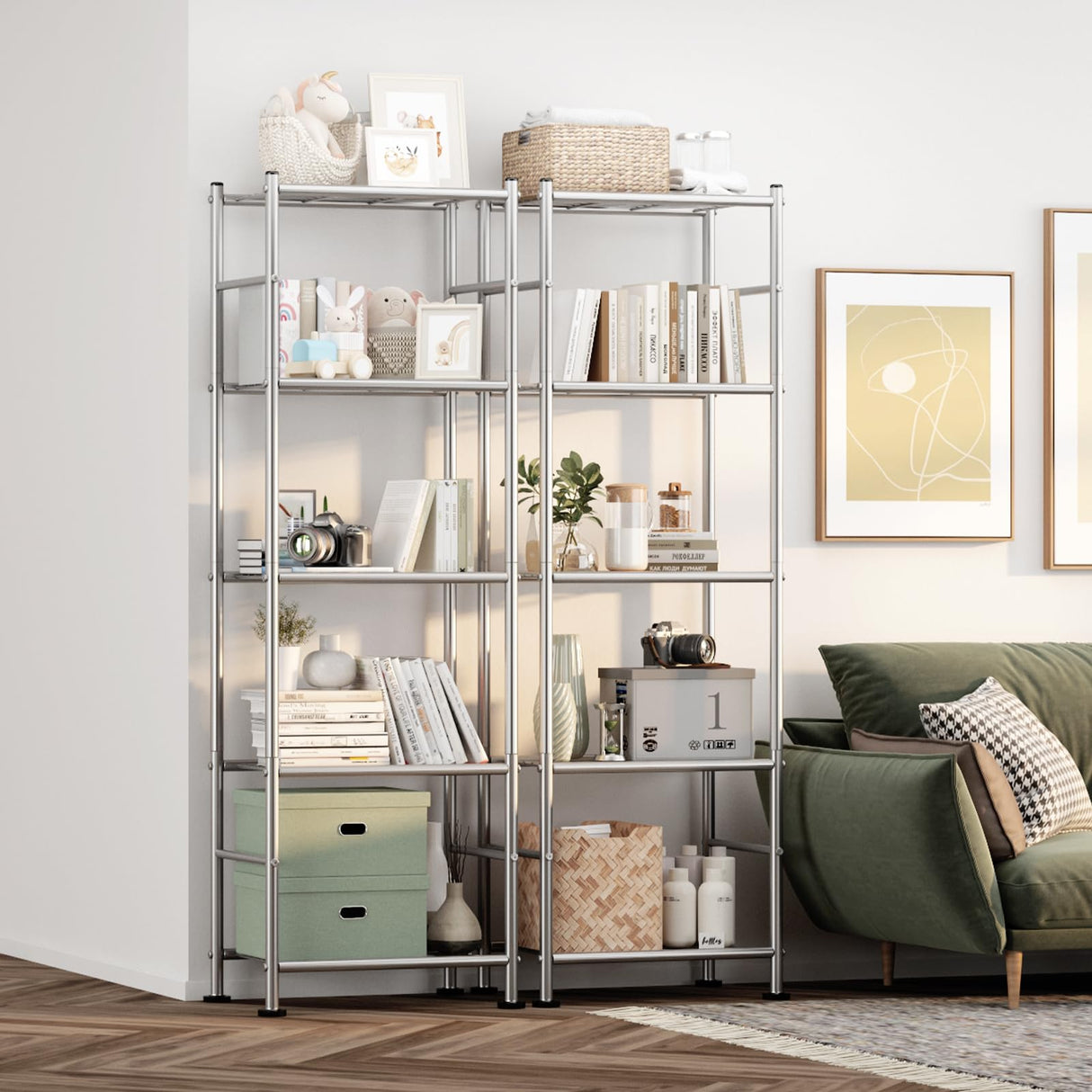 Sakugi Storage Shelves - Set of 2, 5-Tier Metal Shelf Organizer, Space-Saving Garage Shelving with Leveling Feet, Standing Shelves Organizer for Kitchen, Laundry, Pantry (18.4"x12.6"x57.4", Silver) Sakugi