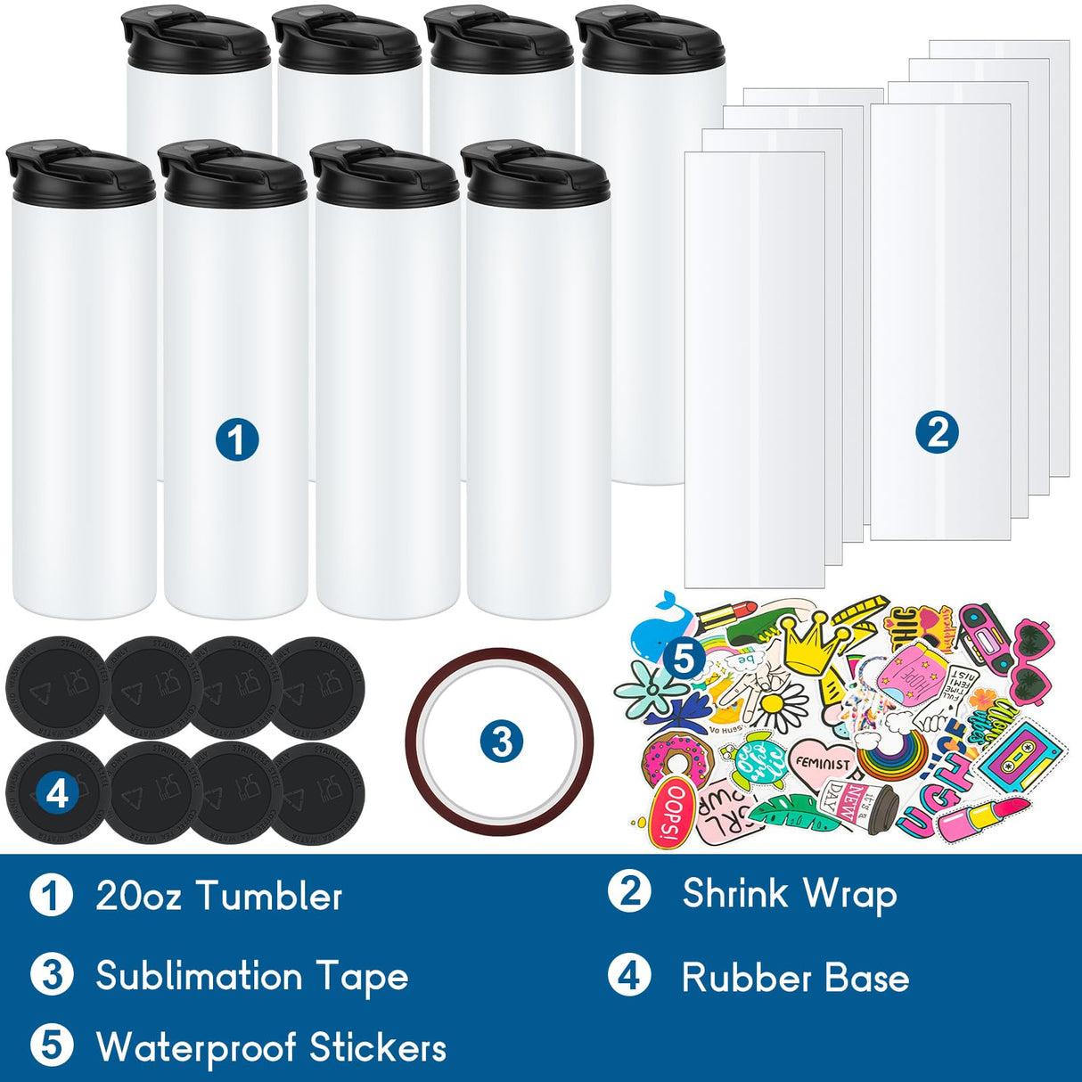 8 Pack 20 oz Sublimation Tumblers Dual Opening Blank Bottles Triple-Insulated Stainless Steel Water Bottle with Straw Lid Blank Tumbler Bulk with Shrink Wrap, Rubber Base, Heat Tape for Heat Transfer AxPower