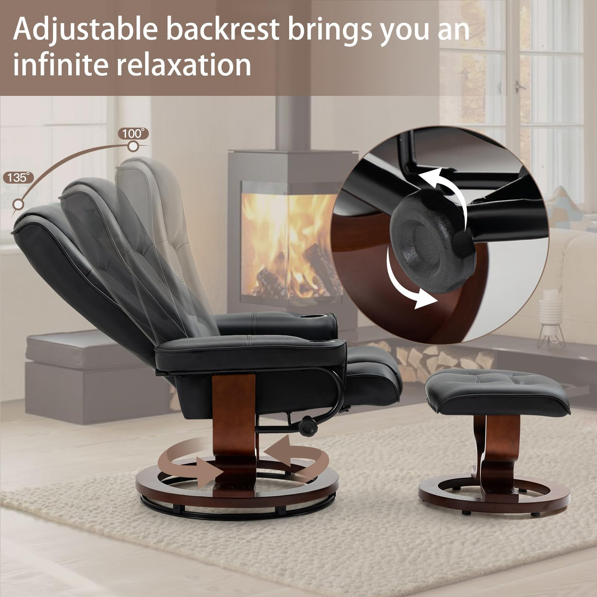 AVAWING Recliner with Ottoman, Wood Base & Adjustable Back, Faux Leather Swivel Reclining Chair with Footrest for Living Room and Bedroom, Black AVAWING