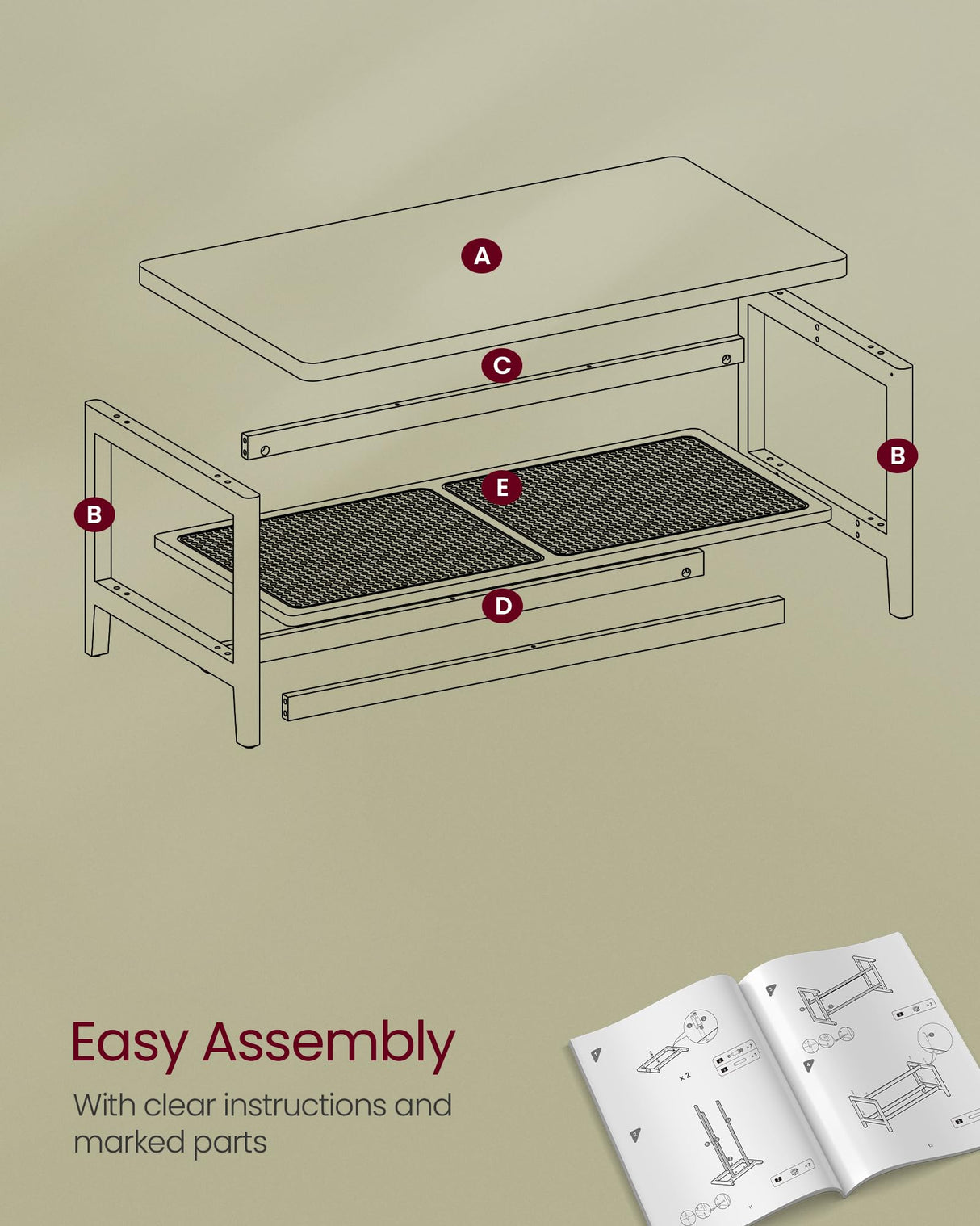 VASAGLE 2-Tier Coffee Table for Living Room, Living Room Table Rectangular Center Table, with PVC Rattan Storage Shelf, Rounded Corners, Easy Assembly, Boho Style, Ash Black ULCT240B21 VASAGLE