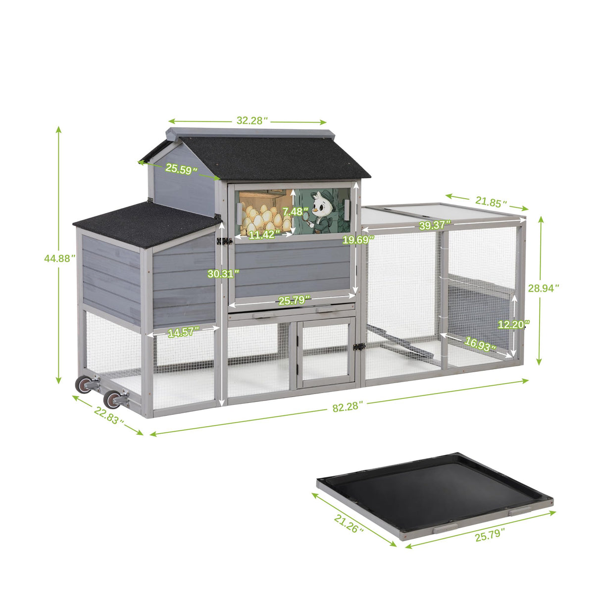 COZIWOW 82" Large Wooden Chicken Coop, Outdoor Rabbit Hutch with Wheels, Sunshine Board, Asphalt Roof, Ramp, Openable Top, Door, Window, Pull-Out Tray, Indoor Bunny Cage (Gray with Pattern) COZIWOW