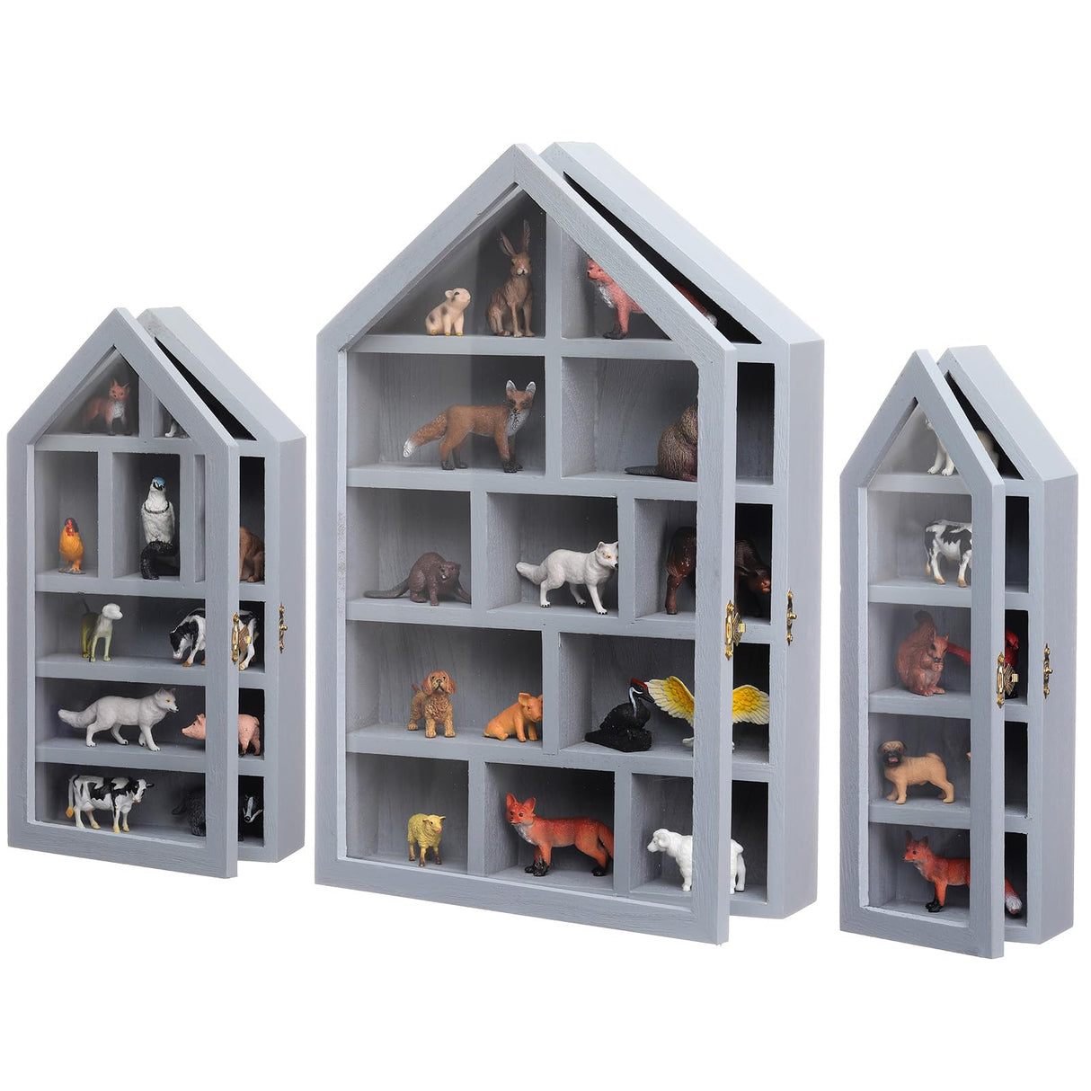 DoubleFill Set of 3 Shadow Cubby Boxes Wooden Display Shelf 10 x 15 Inch Large Wall Mounted Display Storage Shelves for Mini Figures Curio Trinket Medals Crafts Collections (Gray,House Shape) DoubleFill