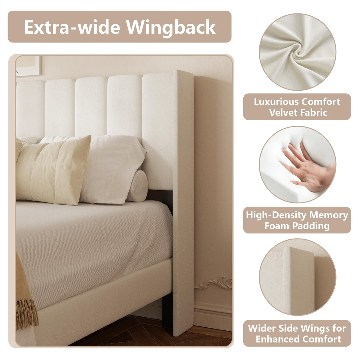 King Size Bed Frame with Vertical Chanel Tufted Headboard and Wingback, Upholstered Platform Bed, Strong Wooden Slats, Easy Assembly, Noise Free, No Box Spring Needed, Beige Velvet HAOARA