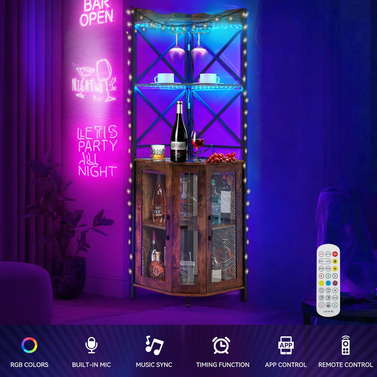 EROMMY Corner Bar Cabinet with Power Outlet, 5-Tiers Wine Bar Cabinet with LED Light and Glass Holder, Industrial Home Bar for Dining Room, Living Room, Kitchen, Rustic Brown EROMMY