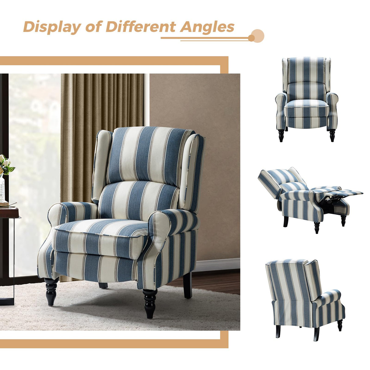 HULALA HOME Upholstered Wingback Recliner Chair, Small Adjustable Footrest Push Back Single Reclining Sofa, Mid Century Modern Lounge Armchair for Living Room, Bedroom, Reading/Stripe Navy HULALA HOME