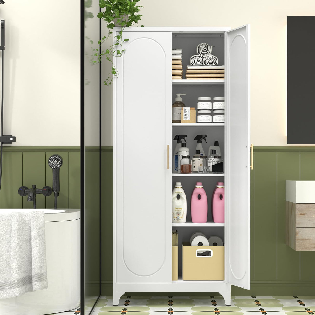 Polup White Kitchen Pantry Cabinet, 75" Tall Metal Pantry Storage Cabinet with Doors and Adjustable Shelves, Food Pantry Cabinets with Handle, Freestanding Cupboard for Living Room-Assemble Required Polup