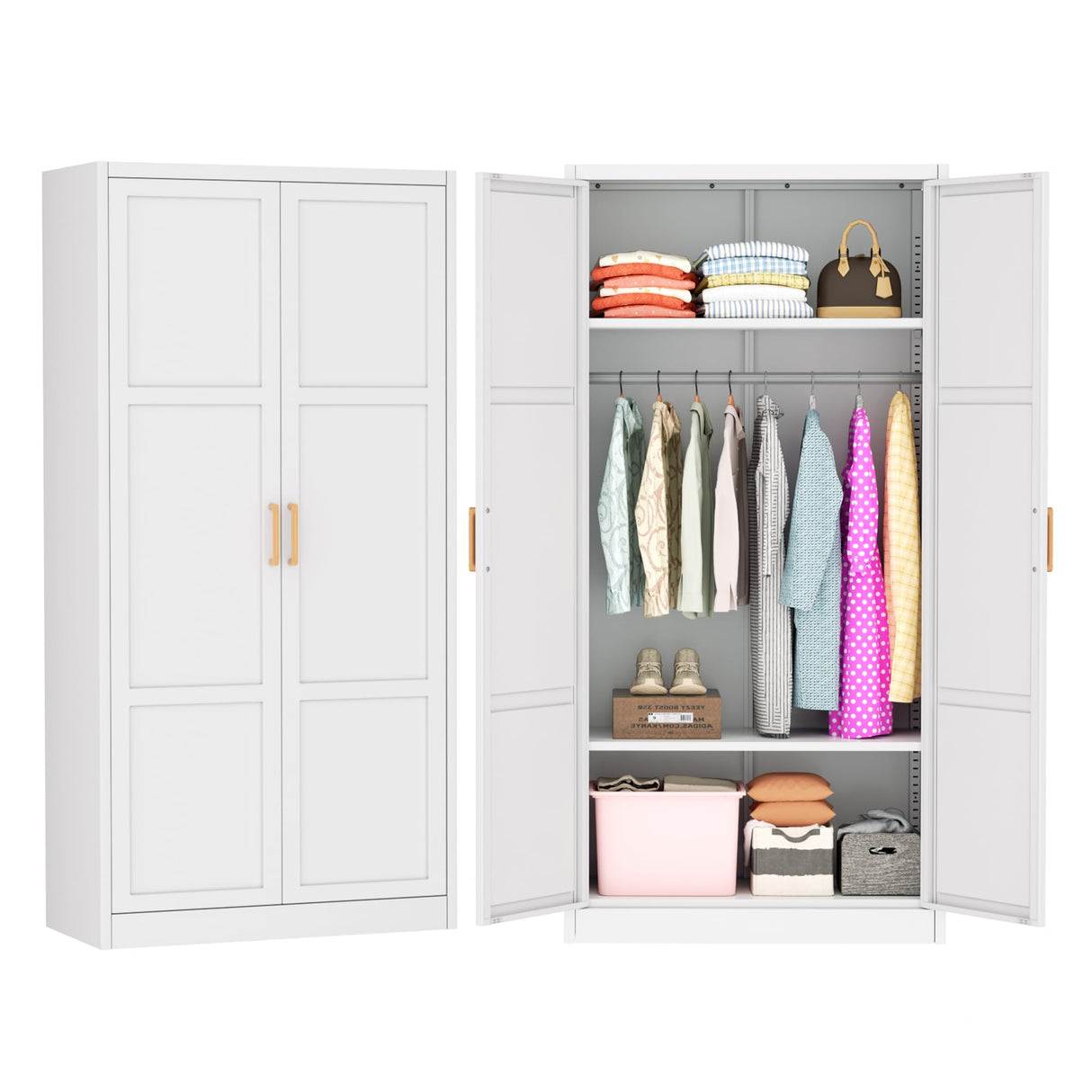 Greenvelly Metal Wardrobe Closet with Doors and Shelves,72" Armoire Wardrobe Closet for Hanging Clothes for Office, Home, School, Employee,Gym(White,36" W x 18" D,Warm Style) Greenvelly