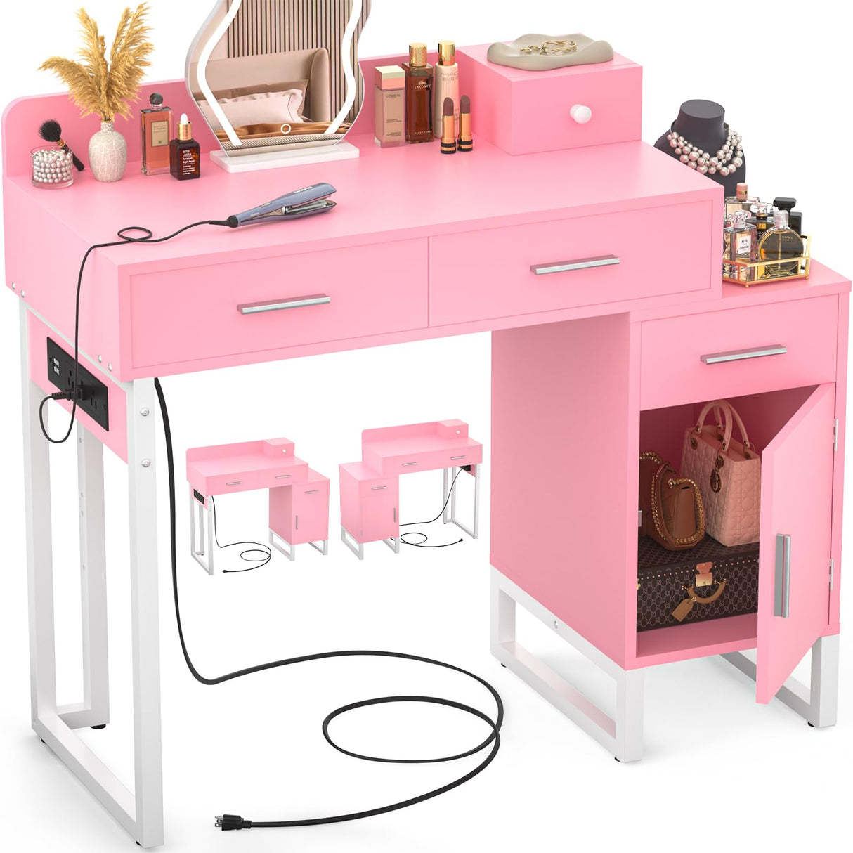 Vanity Desk with 4 Storage Drawers - Modern Makeup Vanity Table with Charging Station, Pink Vanity Desk with Reversible Cabinet Dressing Table Set with Divided Organizers for Women Girls, Pink & White Besiost