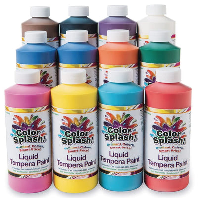 S&S Worldwide Color Splash! Liquid Tempera Bulk Paint, Set of 12 in 11 Bright Colors, 16-oz Easy-Pour Squeeze Bottles, For Arts & Crafts, School, Classroom, Poster Paint, For Kids & Adults, Non-Toxic.
