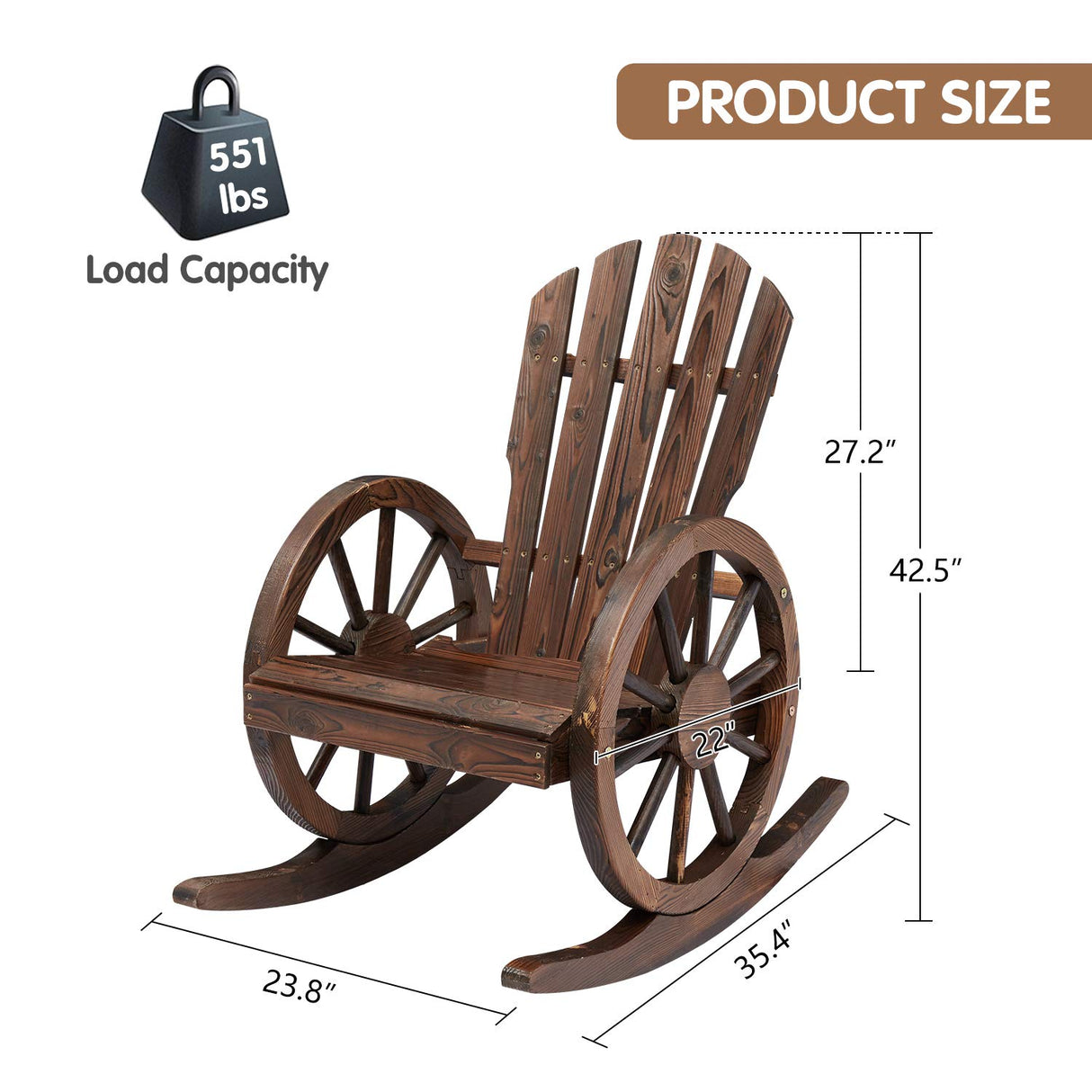 kinbor Rustic Outdoor Rocking Chairs Set of 2 - Rocker Chairs Wooden with Oversized Back and Wagon Wheel Armrest, Porch Patio Lawn Garden Furniture, Brown kinbor
