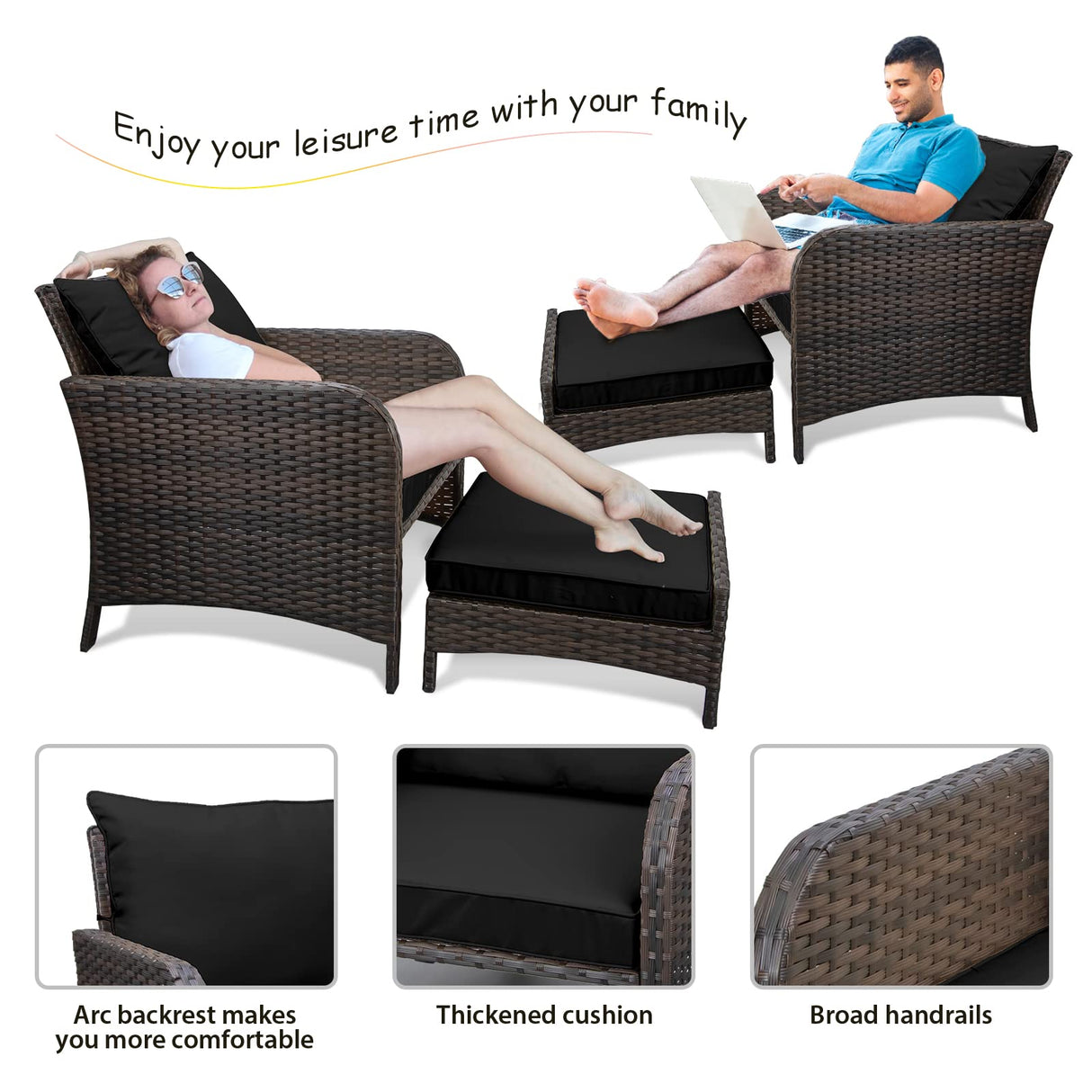 LEVELEVE Balcony Furniture 5 Piece Patio Conversation Set, PE Wicker Rattan Outdoor Lounge Chairs with Soft Cushions 2 Ottoman&Glass Table for Porch, Lawn-Brown Wicker LEVELEVE