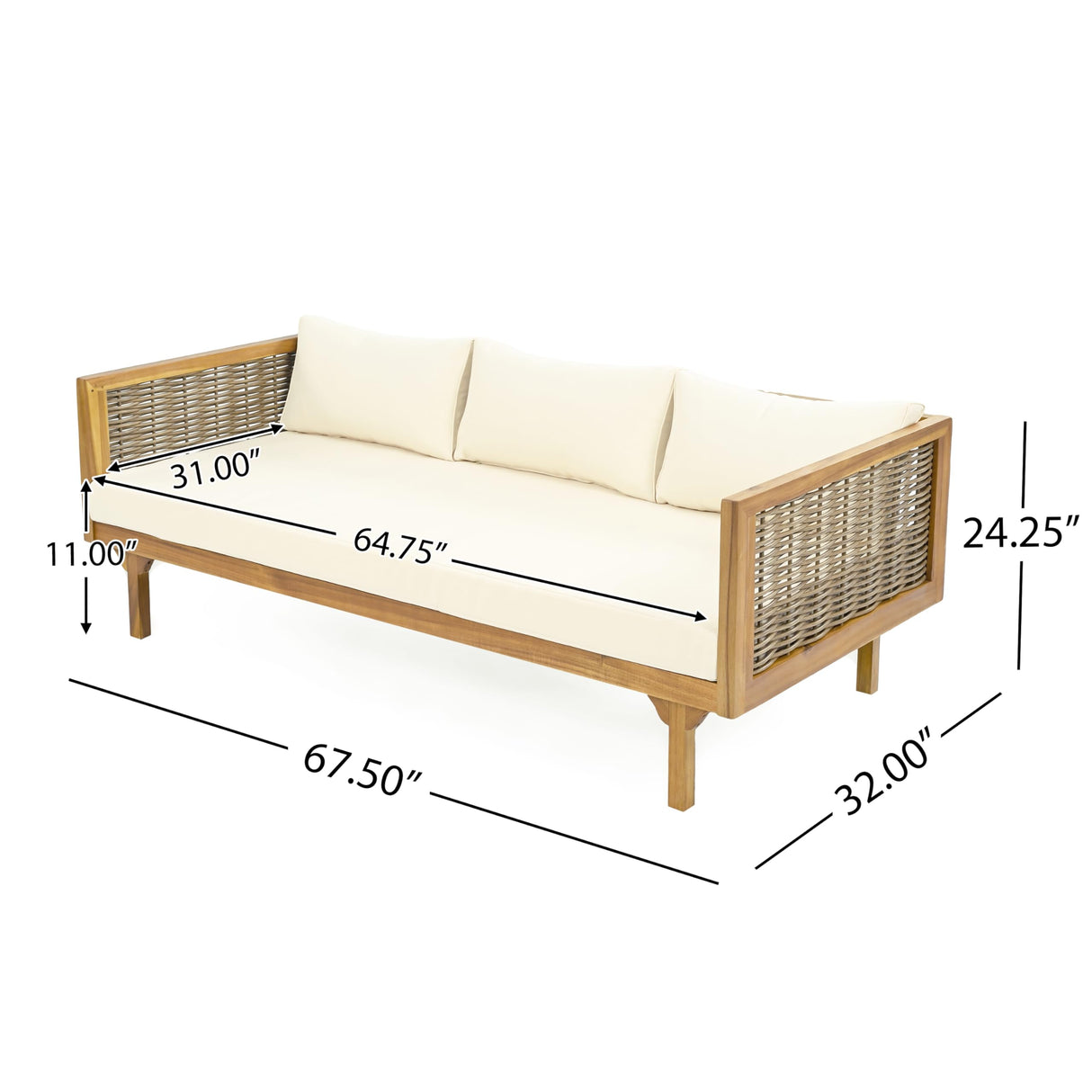 Merax 67.5" Outdoor Patio Daybed 3 Seater Sofa Bed,Acacia Wood Frame with Rattan Arm,Cushion & Pillow Merax