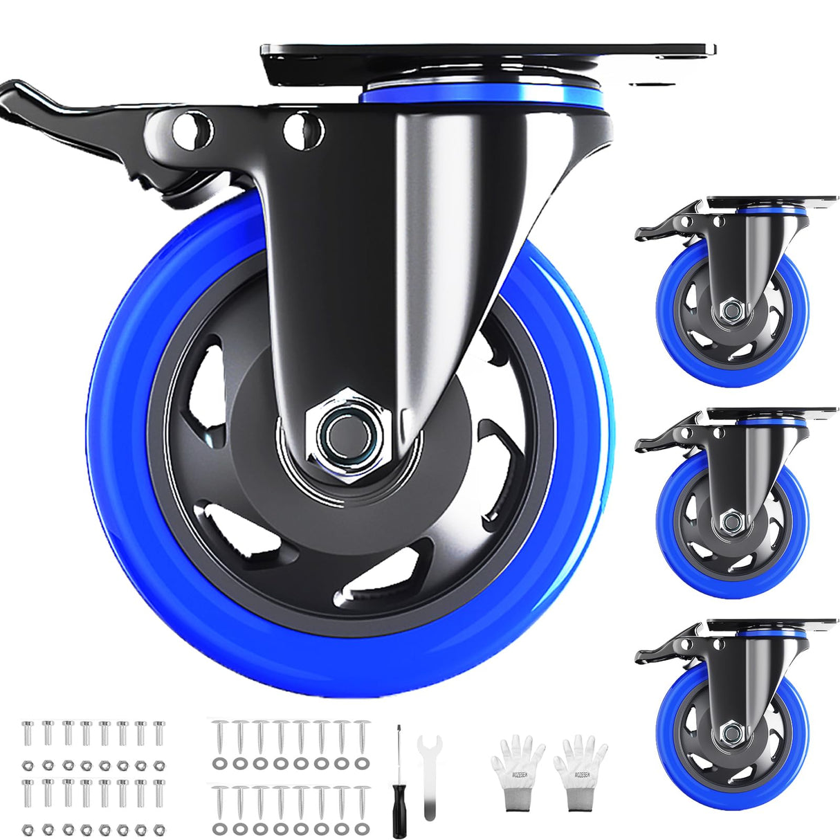 5 Inch Caster Wheels with Safety Dual Locking, Heavy Duty Casters Set of 4, Industrial Swivel Casters 2400Lbs, Polyurethane No Noise Wheels for Cart, Furniture(Bonus of 2 Hardware Kits) WOZESEIK