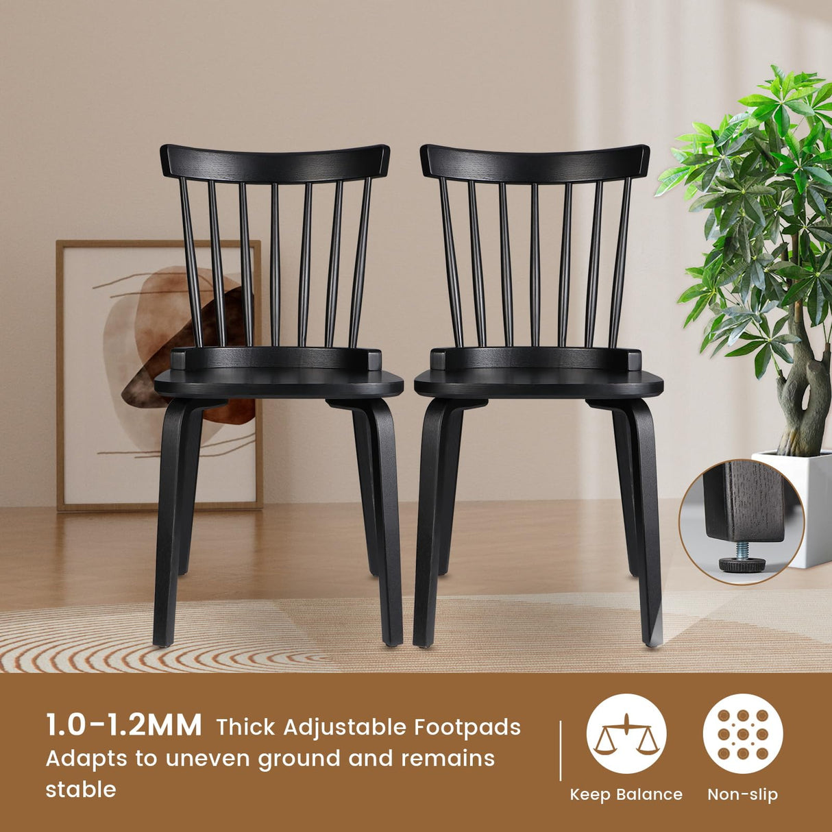 Unovivy Wood Dining Chairs Set of 4, Farmhouse Spindle Back, Widen Seat, Modern Mid-Century Country Style, for Living Room Restaurant, Black Unovivy