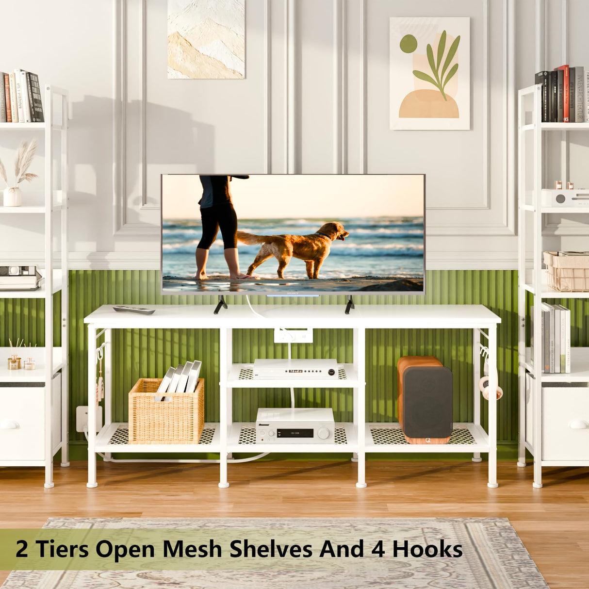 Furologee TV Stand with Power Outlets, Entertainment Center with Open Storage Shelves for TVs up to 55 Inch, TV Media Console Table with Soundbar Shelf for Living Room, Bedroom, White Furologee