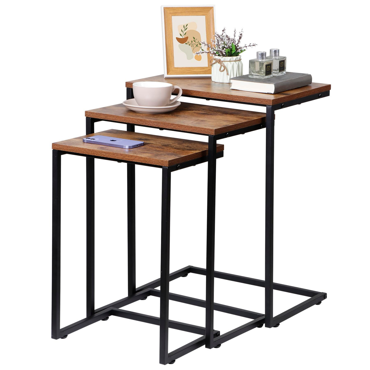 Nouva Modern Nesting Coffee Table, Set of 3 Square Stacking Accent Table End Table C-Shape with Metal Frame for Living Room Bedroom, Rustic Brown Nouva