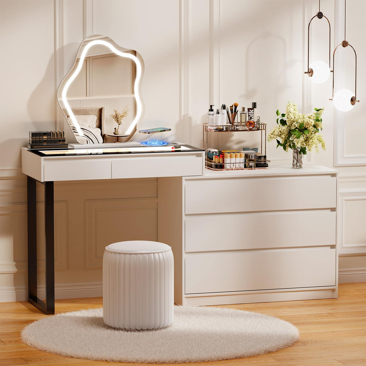 MIIFUNY Corner Vanity Desk with Mirror and Lights, Makeup Vanity with Charging Station, Extendable Dressing Table with Drawers and Dresser for Women Girls, White MIIFUNY