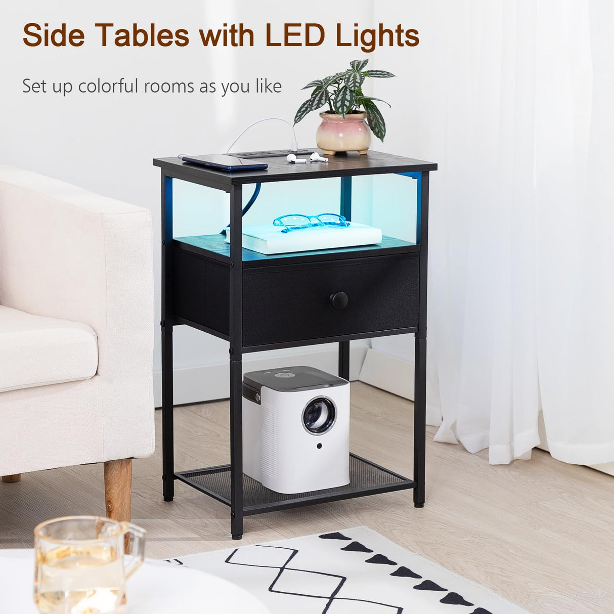 LOAKEKEL Night Stand Set 2, LED Nightstand with Charging Station, End Tables with Fabric Drawer for Small Spaces, Bedside Table with Storage Shelf for Bedroom, Black, HETS01BK LOAKEKEL